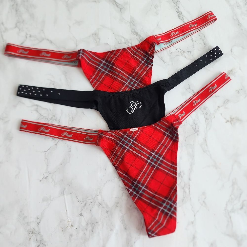 3 PINK Logo Cotton RED & Black Micro Thong Panty